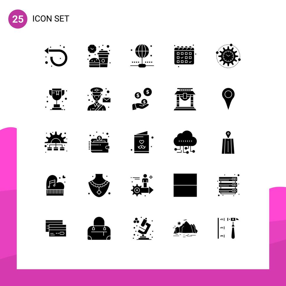 Group of 25 Solid Glyphs Signs and Symbols for processing efficiency meal date gym Editable Vector Design Elements