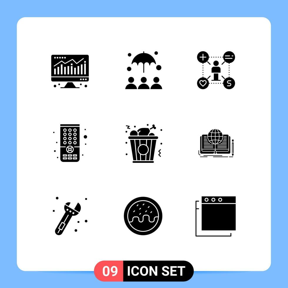 Set of 9 Commercial Solid Glyphs pack for writing food like fast food remote Editable Vector Design Elements
