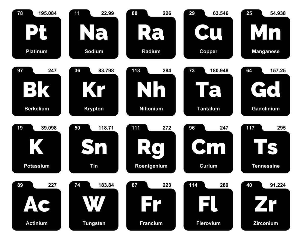 diseño de paquete de iconos de 20 tablas preiodicas de los elementos vector