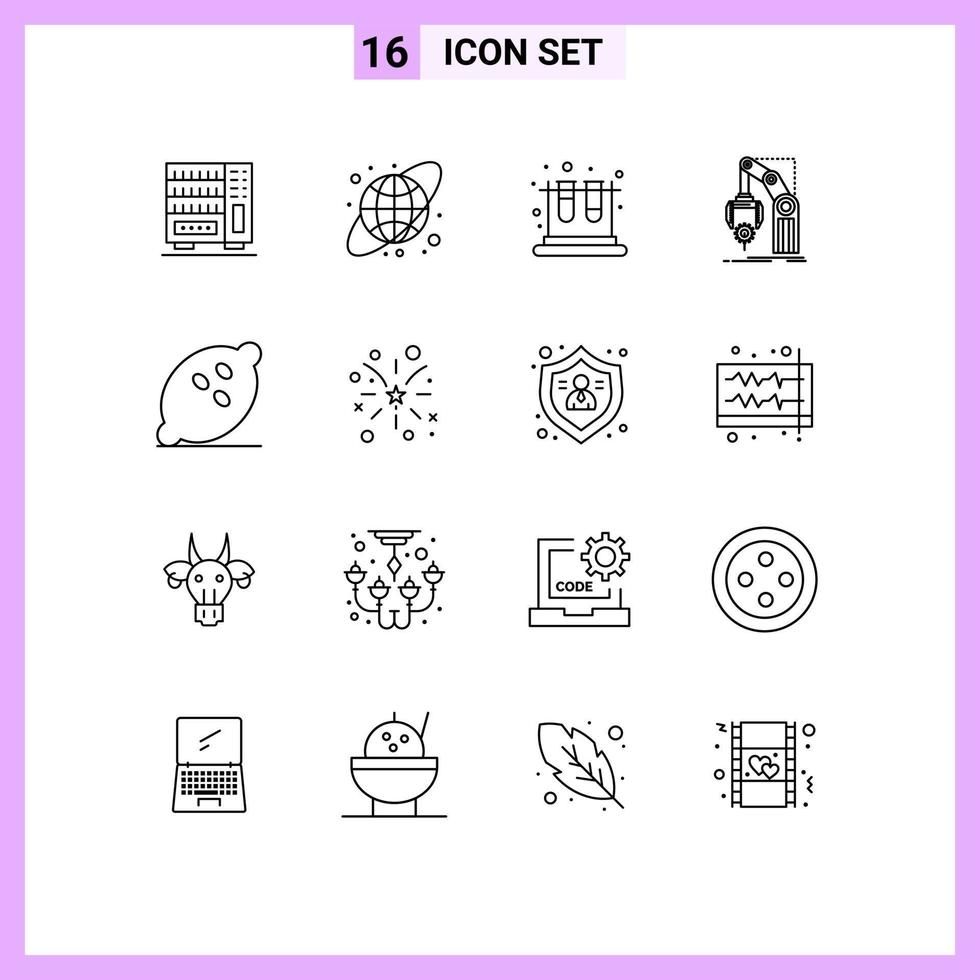 Group of 16 Modern Outlines Set for food package lab mechanism factory Editable Vector Design Elements