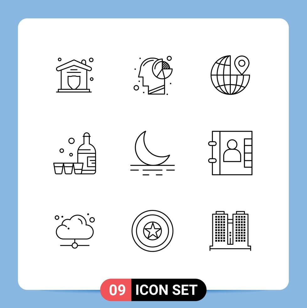 Modern Set of 9 Outlines Pictograph of moon ireland mind glass drink Editable Vector Design Elements