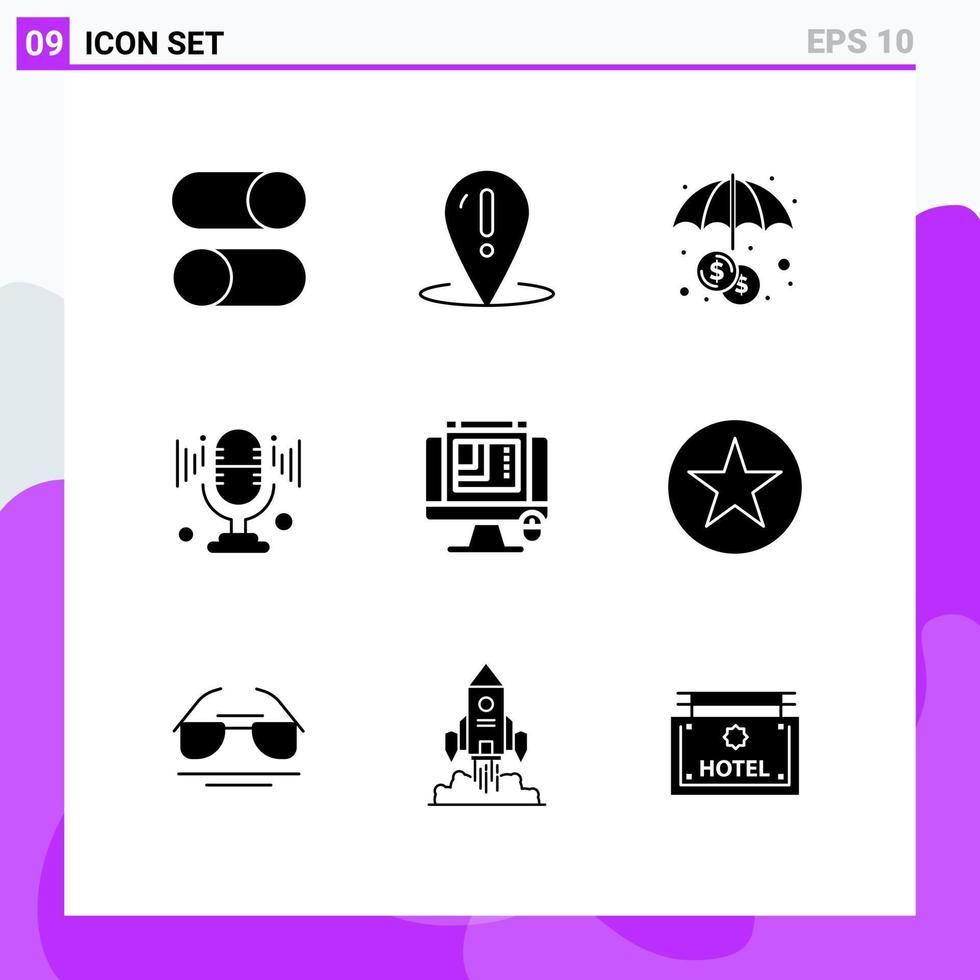 Pictogram Set of 9 Simple Solid Glyphs of web designing sound point microphone investment Editable Vector Design Elements