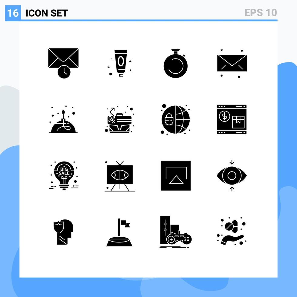 16 Solid Glyph concept for Websites Mobile and Apps lab burner stopwatch alcohol mail Editable Vector Design Elements