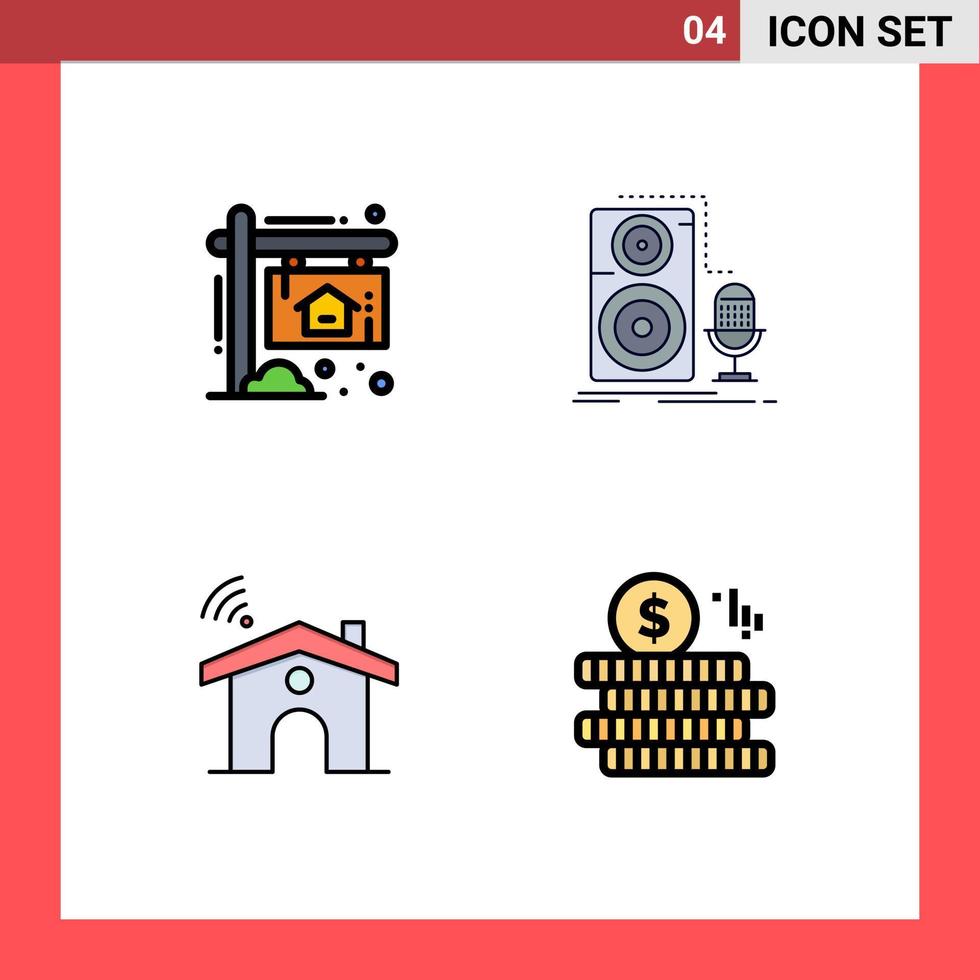 Group of 4 Modern Filledline Flat Colors Set for advertisement wifi house microphone signal Editable Vector Design Elements