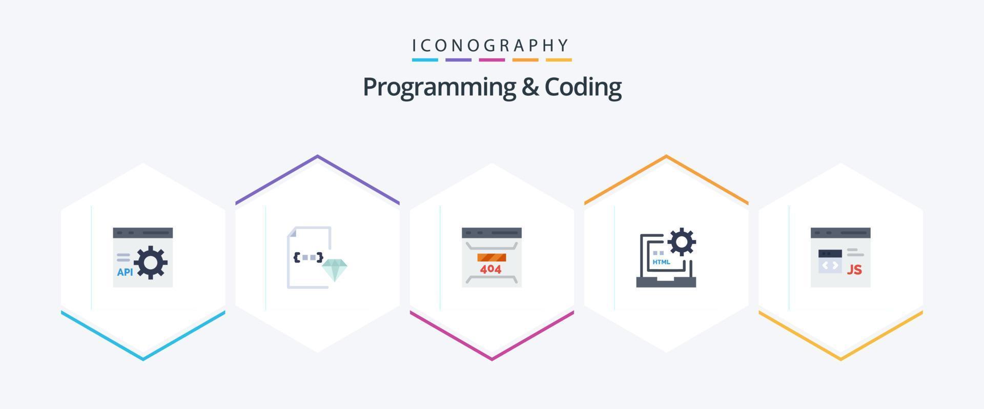 Programming And Coding 25 Flat icon pack including develop. code. document. site. error vector