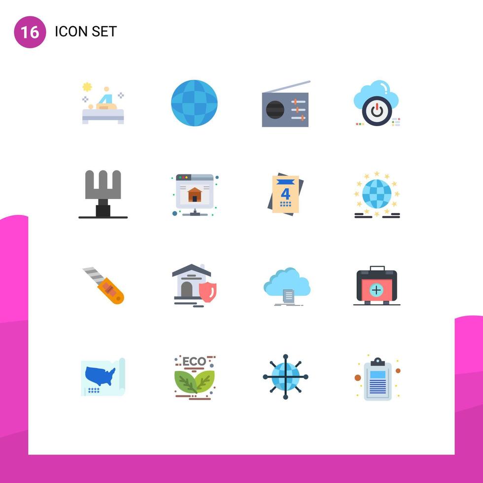 Pack of 16 creative Flat Colors of backup rake radio off down Editable Pack of Creative Vector Design Elements