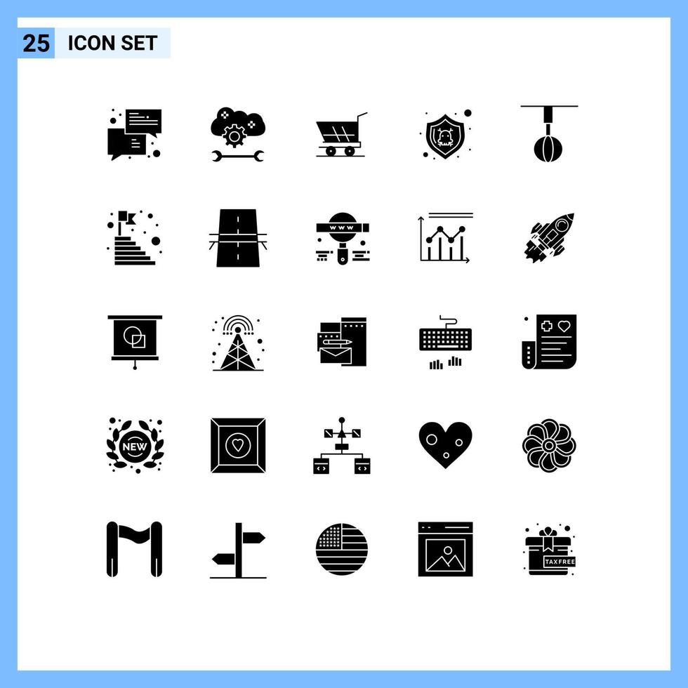 Pack of 25 creative Solid Glyphs of shield protect cloud settings danger shopping Editable Vector Design Elements