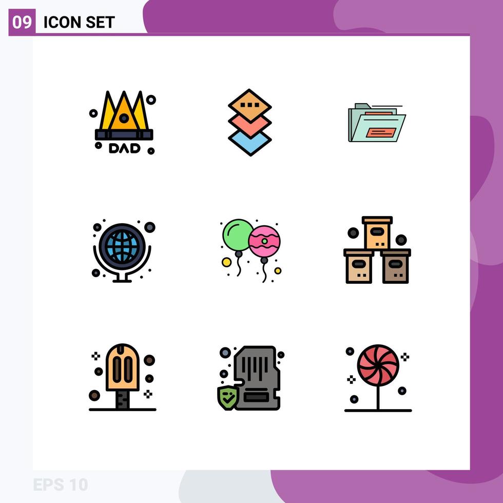 Group of 9 Filledline Flat Colors Signs and Symbols for holi balloon file school supplies globe Editable Vector Design Elements