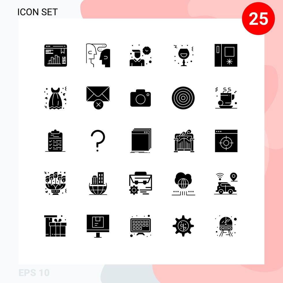 Mobile Interface Solid Glyph Set of 25 Pictograms of fridge night employee celebration wine Editable Vector Design Elements