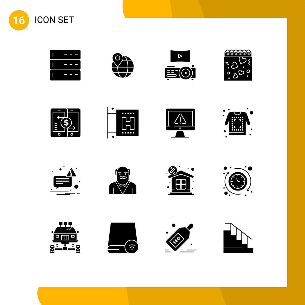 Group of 16 Solid Glyphs Signs and Symbols for payments mobile cinema romance heart Editable Vector Design Elements