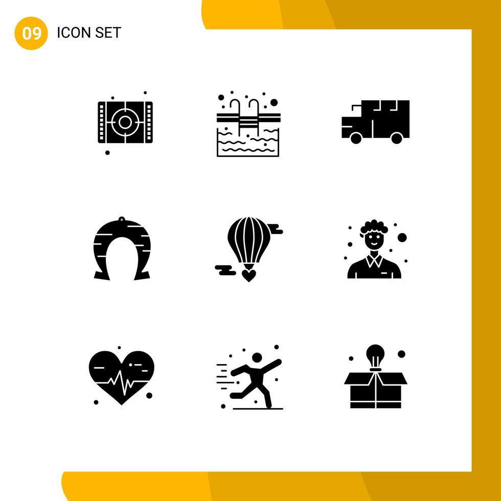 Set of 9 Commercial Solid Glyphs pack for m flying heart luck bus horseshoe festival Editable Vector Design Elements