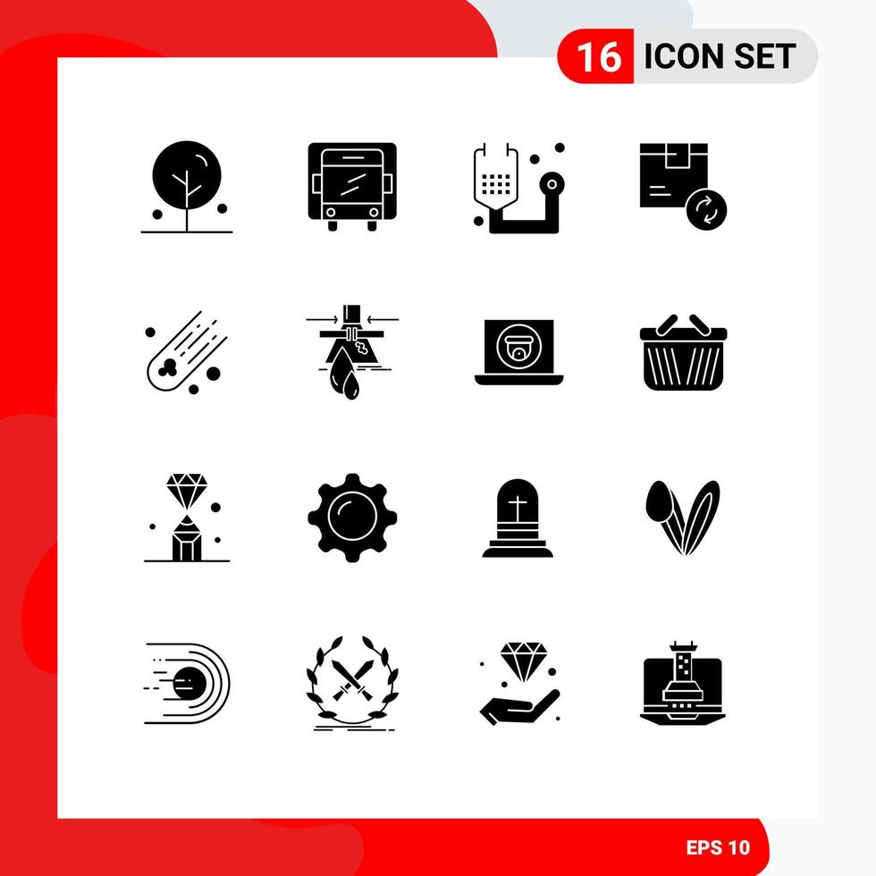 Universal Icon Symbols Group of 16 Modern Solid Glyphs of asteroid service fitness product box Editable Vector Design Elements