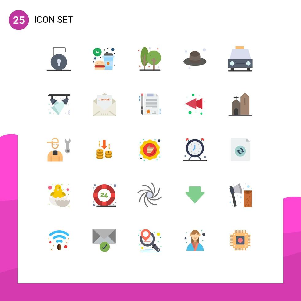 Flat Color Pack of 25 Universal Symbols of car day meal brim farming Editable Vector Design Elements