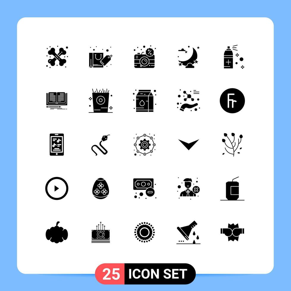 Pack of 25 Modern Solid Glyphs Signs and Symbols for Web Print Media such as bottle party camera night electronic Editable Vector Design Elements