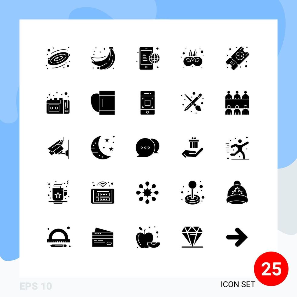 Pack of 25 creative Solid Glyphs of travel ticket communication mask entertainment Editable Vector Design Elements