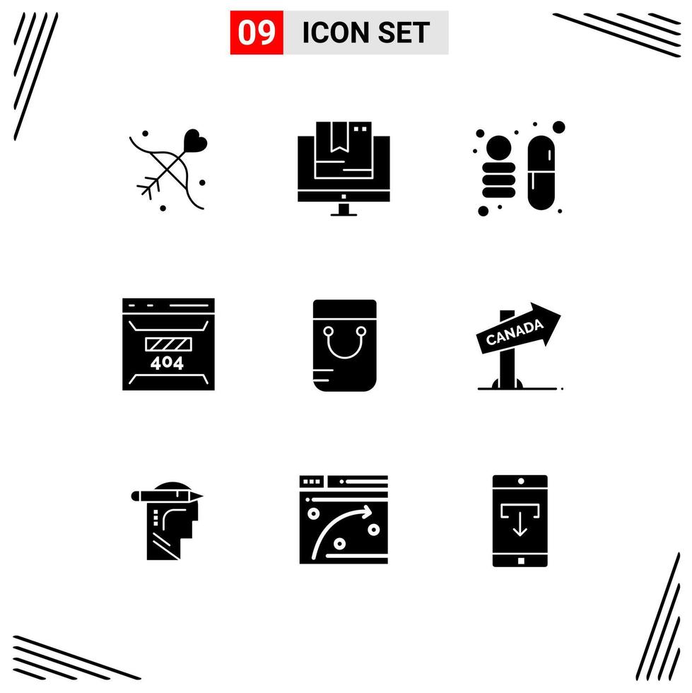 Group of 9 Solid Glyphs Signs and Symbols for bag page technology error develop Editable Vector Design Elements