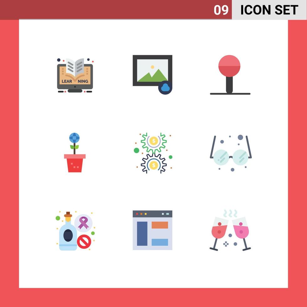 paquete de 9 signos y símbolos de colores planos modernos para medios de impresión web, como elementos de diseño de vectores editables del entorno de la naturaleza del niño de la planta de engranajes