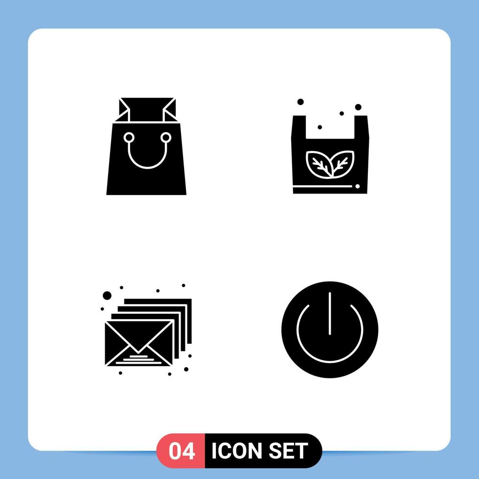 Modern Set of 4 Solid Glyphs Pictograph of bag mail bag shopping button Editable Vector Design Elements