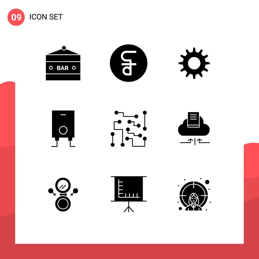 Group of 9 Modern Solid Glyphs Set for electronics biophysics cash water boiler Editable Vector Design Elements