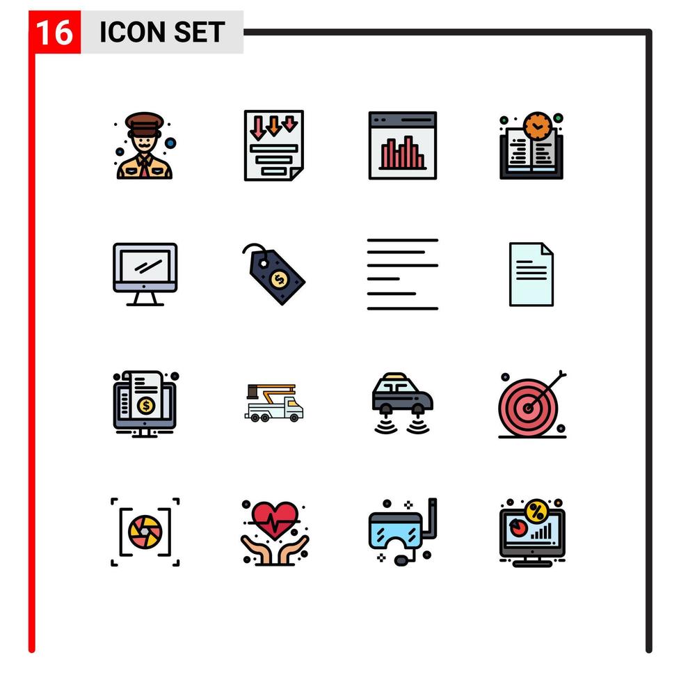 Pack of 16 creative Flat Color Filled Lines of monitor learning time app education time user Editable Creative Vector Design Elements