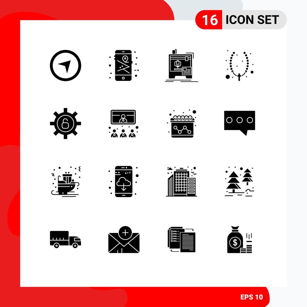 Universal Icon Symbols Group of 16 Modern Solid Glyphs of settings protection machine jewelry christian Editable Vector Design Elements