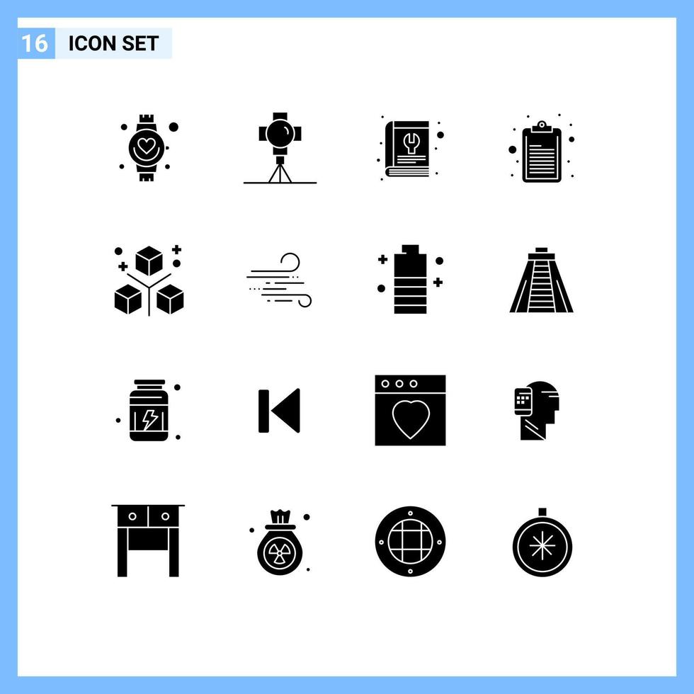 Modern Set of 16 Solid Glyphs Pictograph of coding clipboard movies checklist service Editable Vector Design Elements