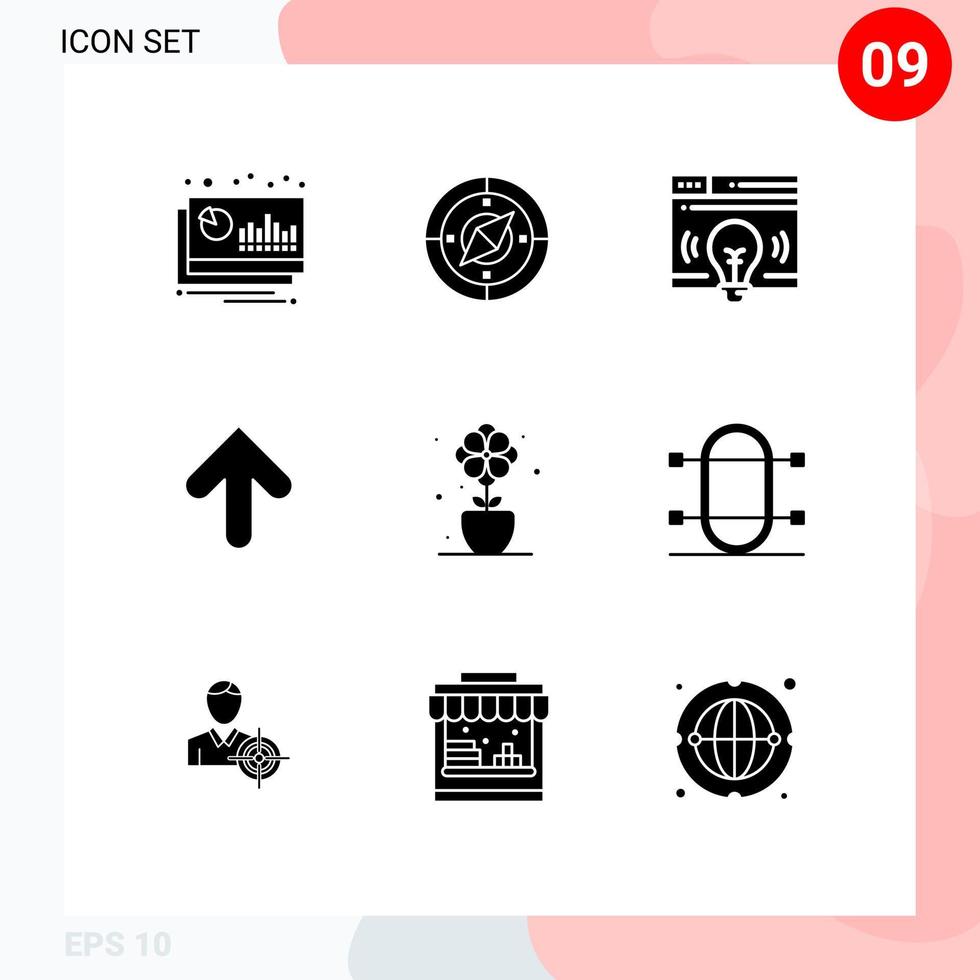 Solid Glyph Pack of 9 Universal Symbols of flower up location arrow bulb Editable Vector Design Elements