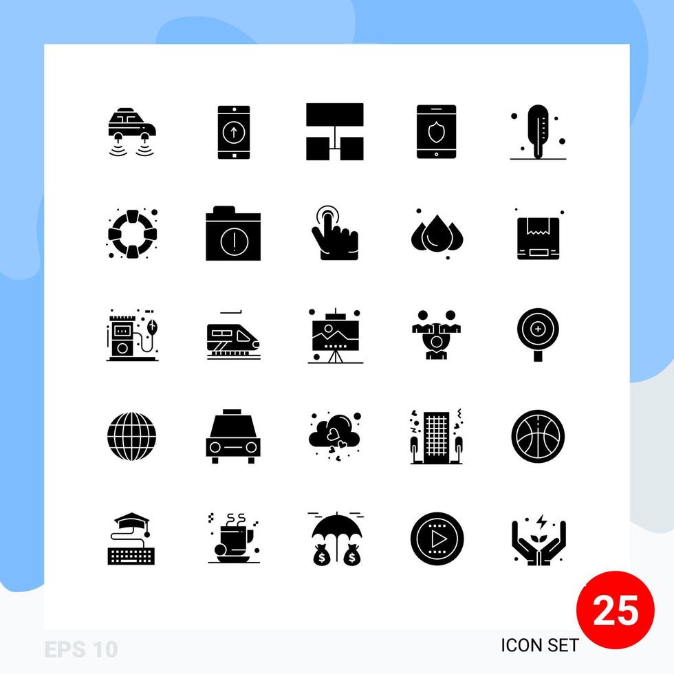 paquete de 25 signos y símbolos de glifos sólidos modernos para medios de impresión web, como termómetro, teléfono inteligente, estructura de escudo de teléfono inteligente, elementos de diseño vectorial editables vector
