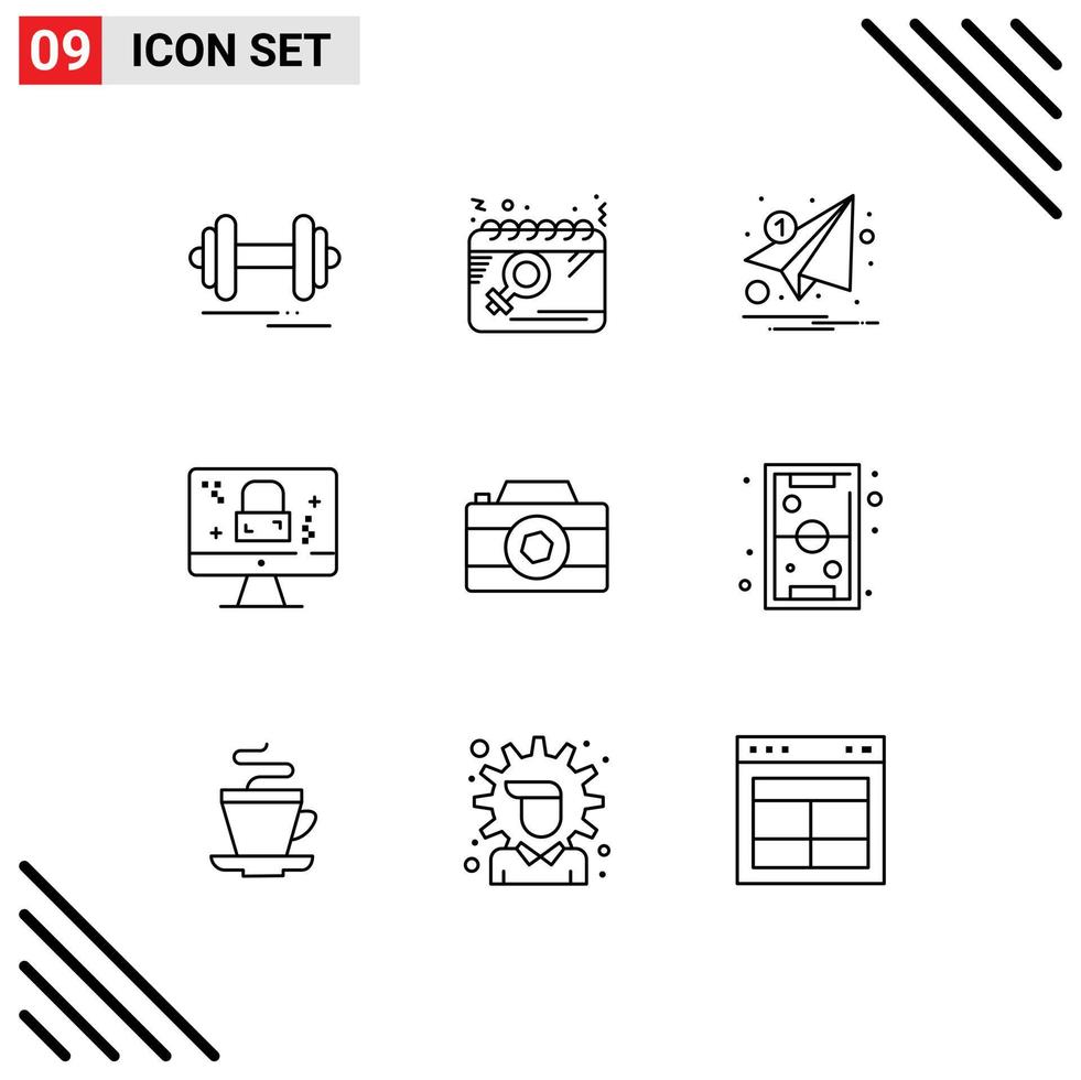 Pictogram Set of 9 Simple Outlines of lock monitor women dmca protection notification Editable Vector Design Elements