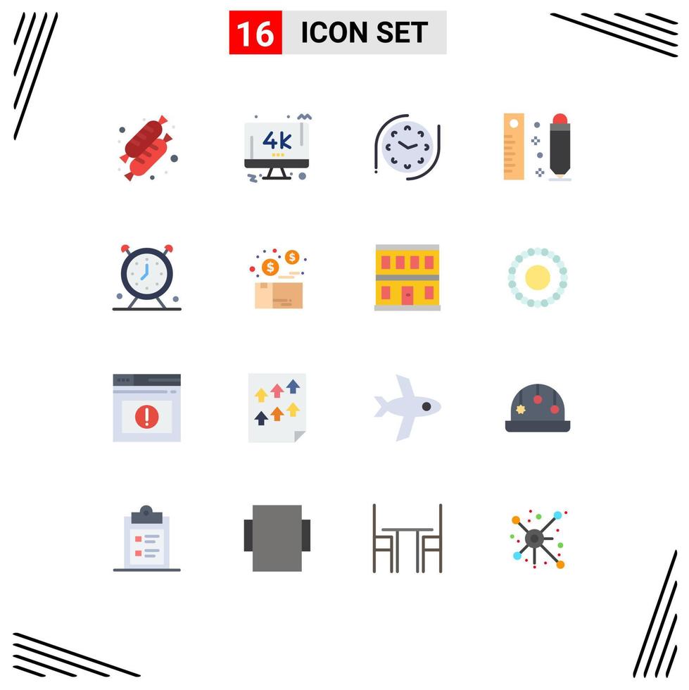 Modern Set of 16 Flat Colors Pictograph of time clock time alarm pencil Editable Pack of Creative Vector Design Elements