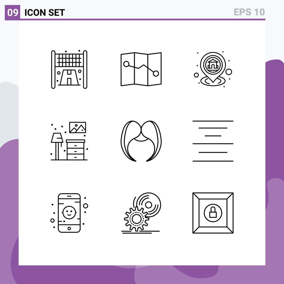 Pictogram Set of 9 Simple Outlines of male hipster map moustache furniture Editable Vector Design Elements