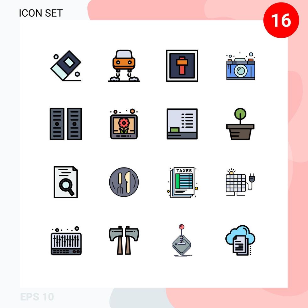 16 Thematic Vector Flat Color Filled Lines and Editable Symbols of server data center holiday thinking design Editable Creative Vector Design Elements