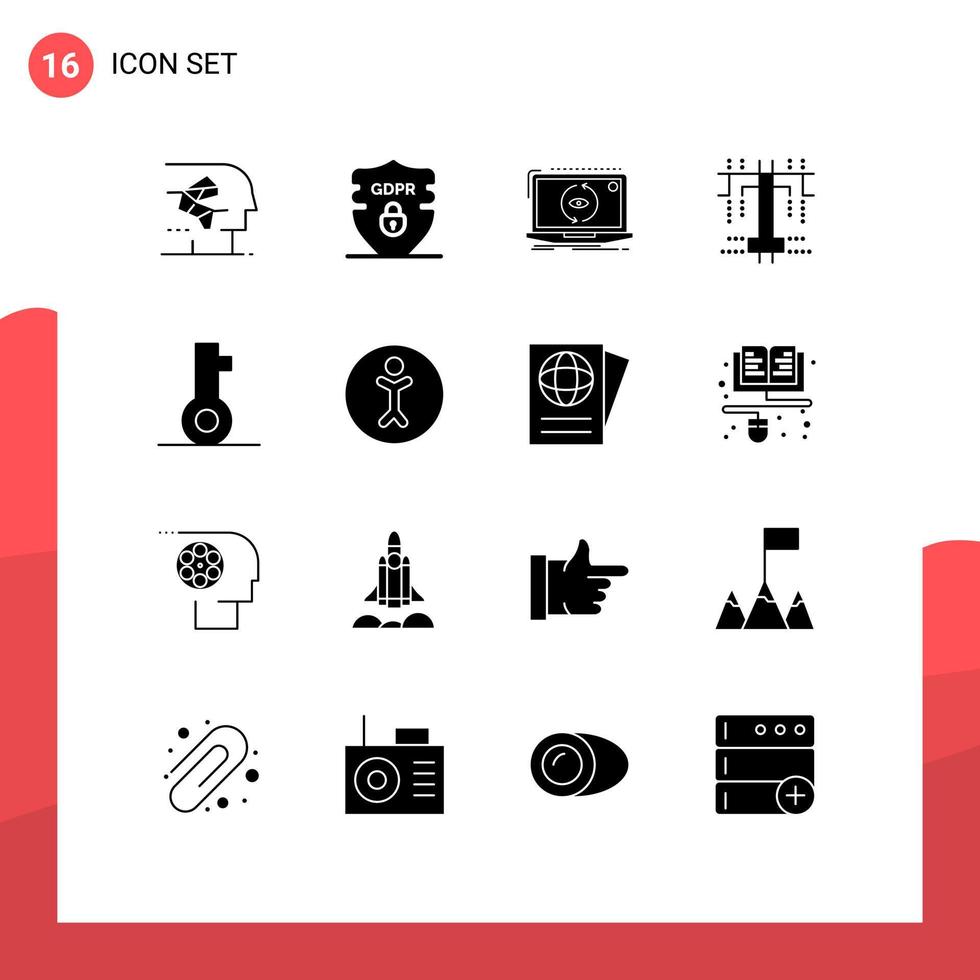 Modern Set of 16 Solid Glyphs Pictograph of key process security creative software Editable Vector Design Elements