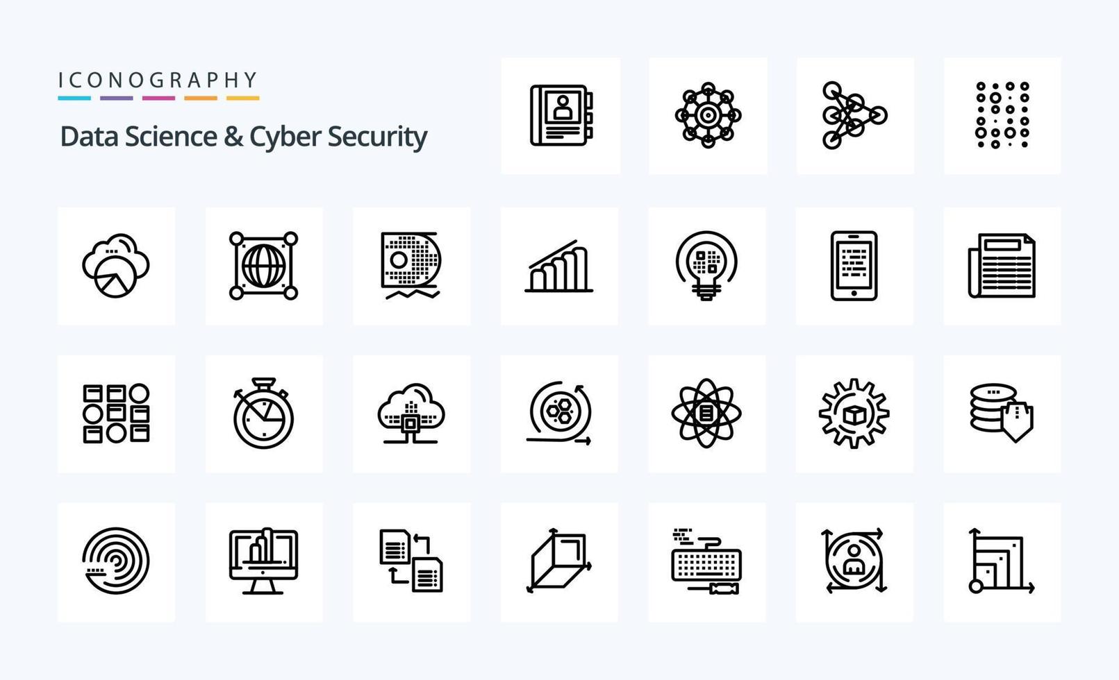 paquete de iconos de 25 líneas de ciencia de datos y seguridad cibernética vector