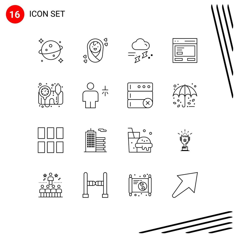 Modern Set of 16 Outlines Pictograph of bp gauge to rainfall interface call Editable Vector Design Elements