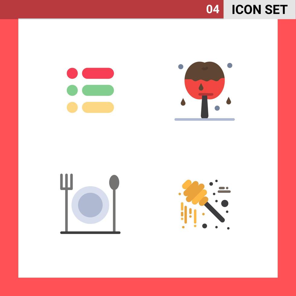 4 iconos planos universales establecidos para aplicaciones web y móviles lista alimentos escribir postre miel elementos de diseño vectorial editables vector