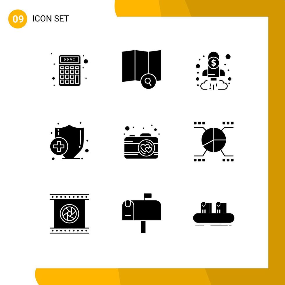 9 Universal Solid Glyphs Set for Web and Mobile Applications pictures camera business medical health Editable Vector Design Elements