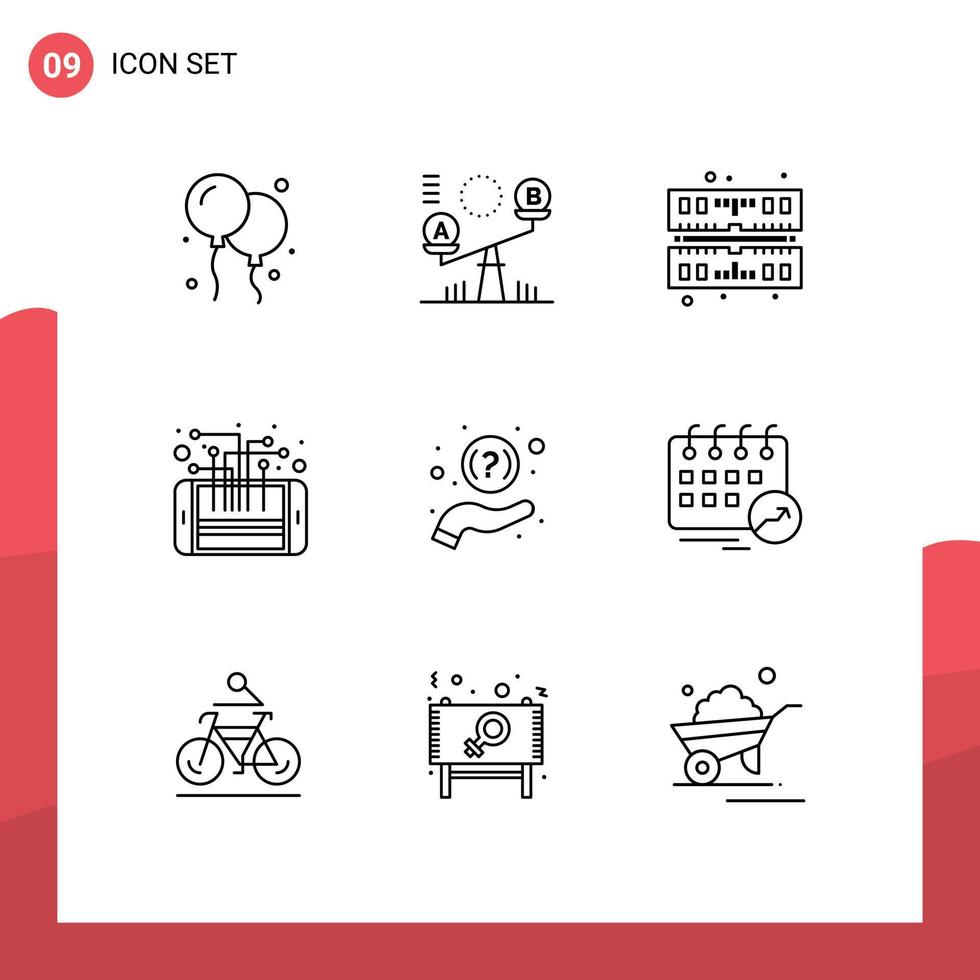 Pack of 9 creative Outlines of question faq memory smart phone Editable Vector Design Elements