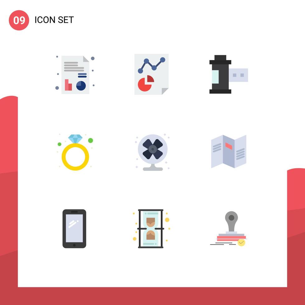 Set of 9 Modern UI Icons Symbols Signs for fan air film gift present Editable Vector Design Elements