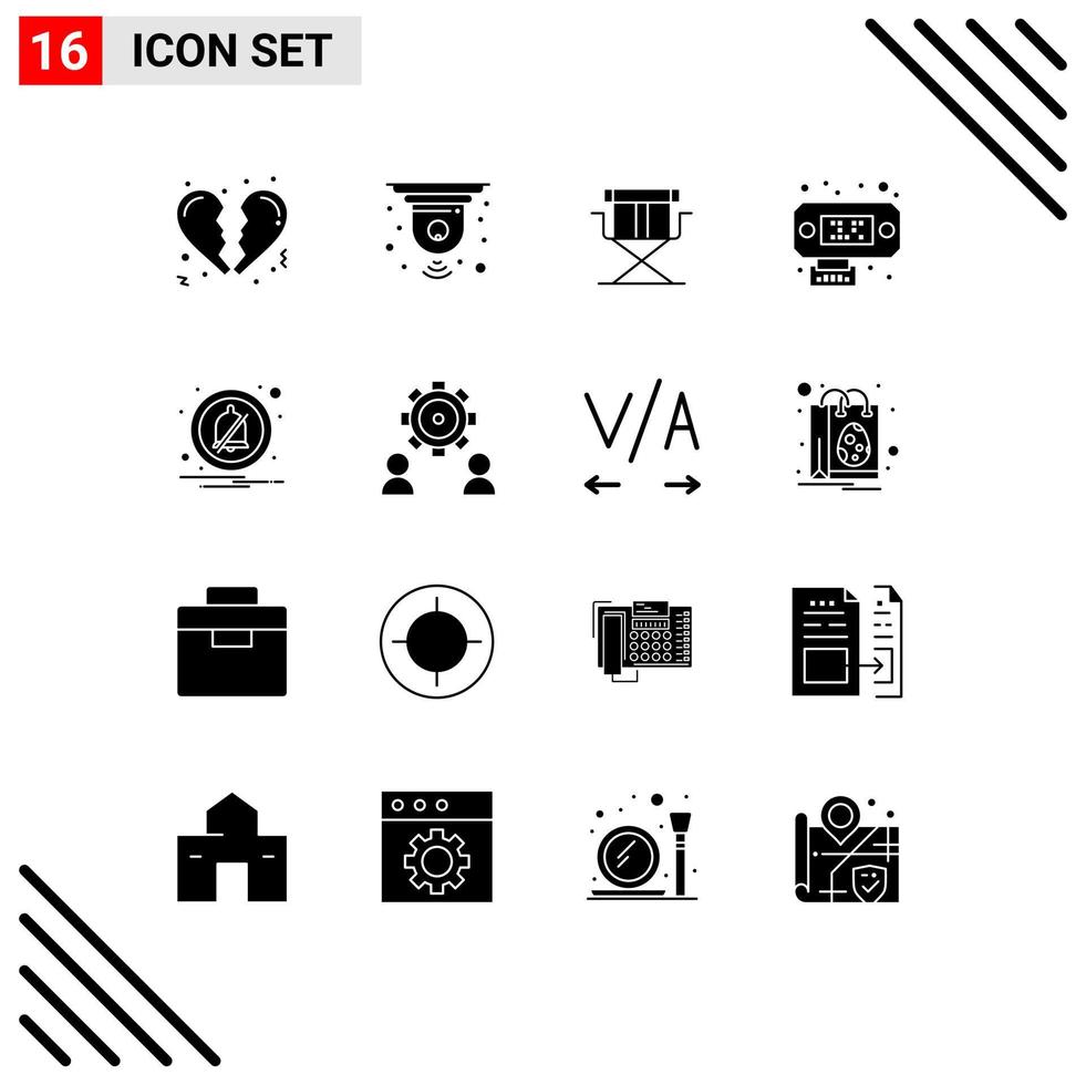 Mobile Interface Solid Glyph Set of 16 Pictograms of configure notification director alarm data Editable Vector Design Elements