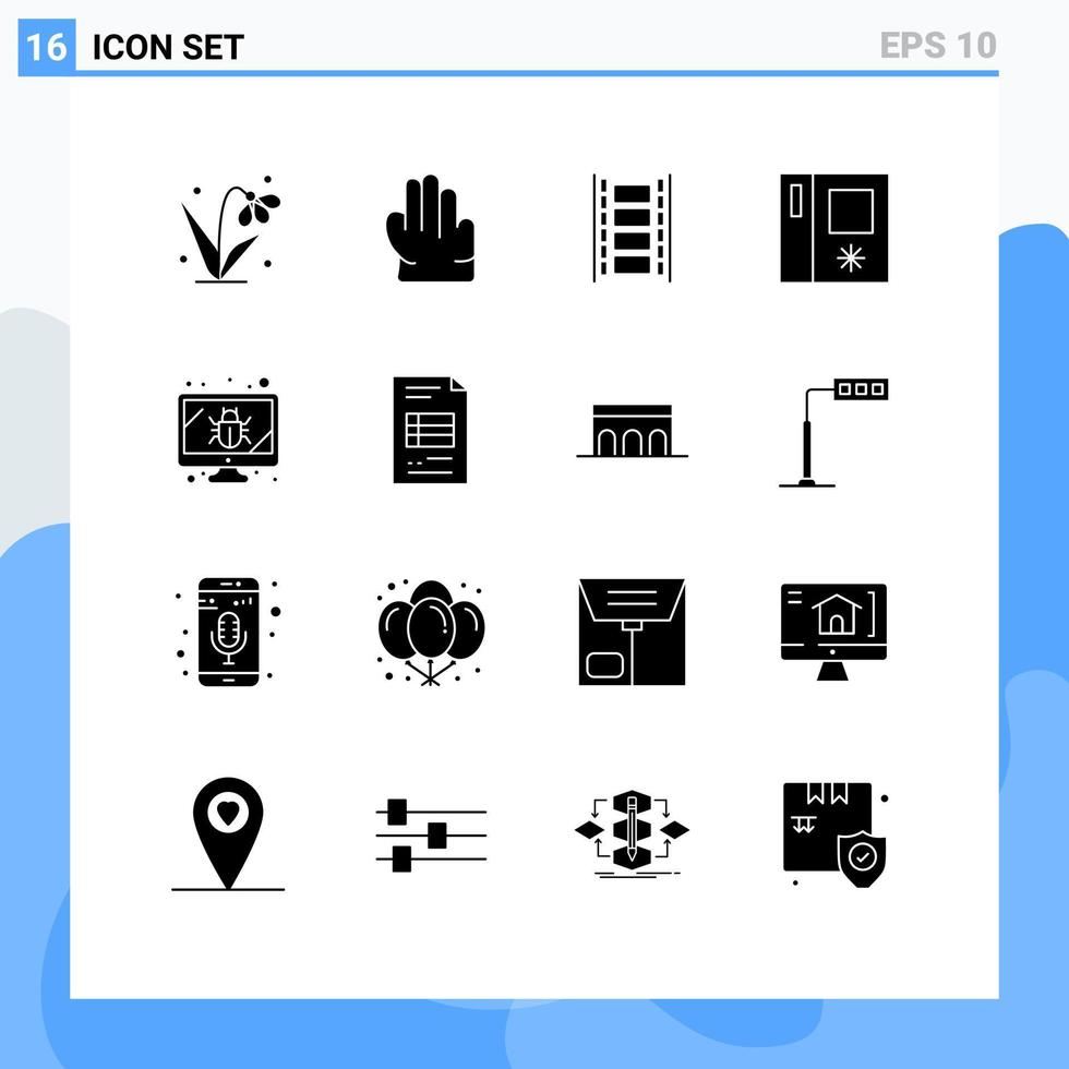 paquete de 16 signos y símbolos de glifos sólidos modernos para medios de impresión web, como monitor de carrete de película de pantalla comercial, elementos de diseño vectorial editables uno al lado del otro vector