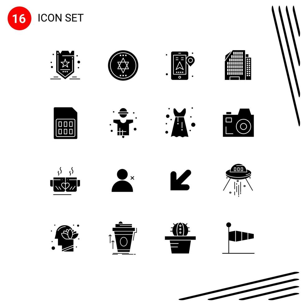 16 Solid Glyph concept for Websites Mobile and Apps sim mobile location card building Editable Vector Design Elements