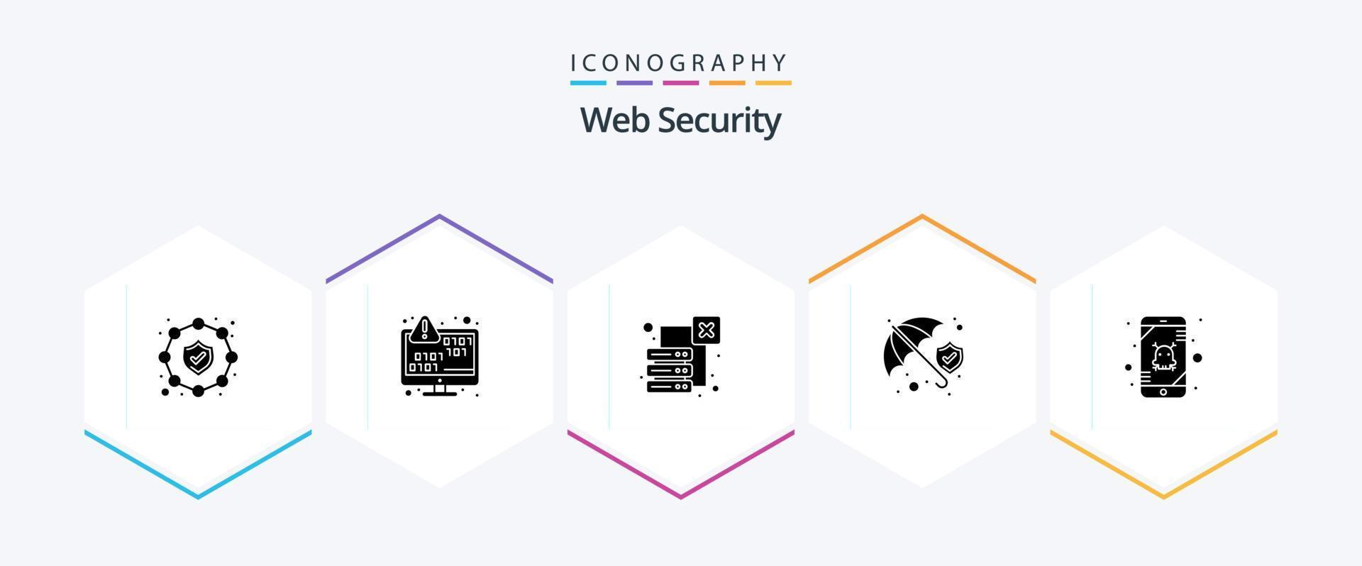 Web Security 25 Glyph icon pack including error. protection shield. data. umbrella. insurance vector