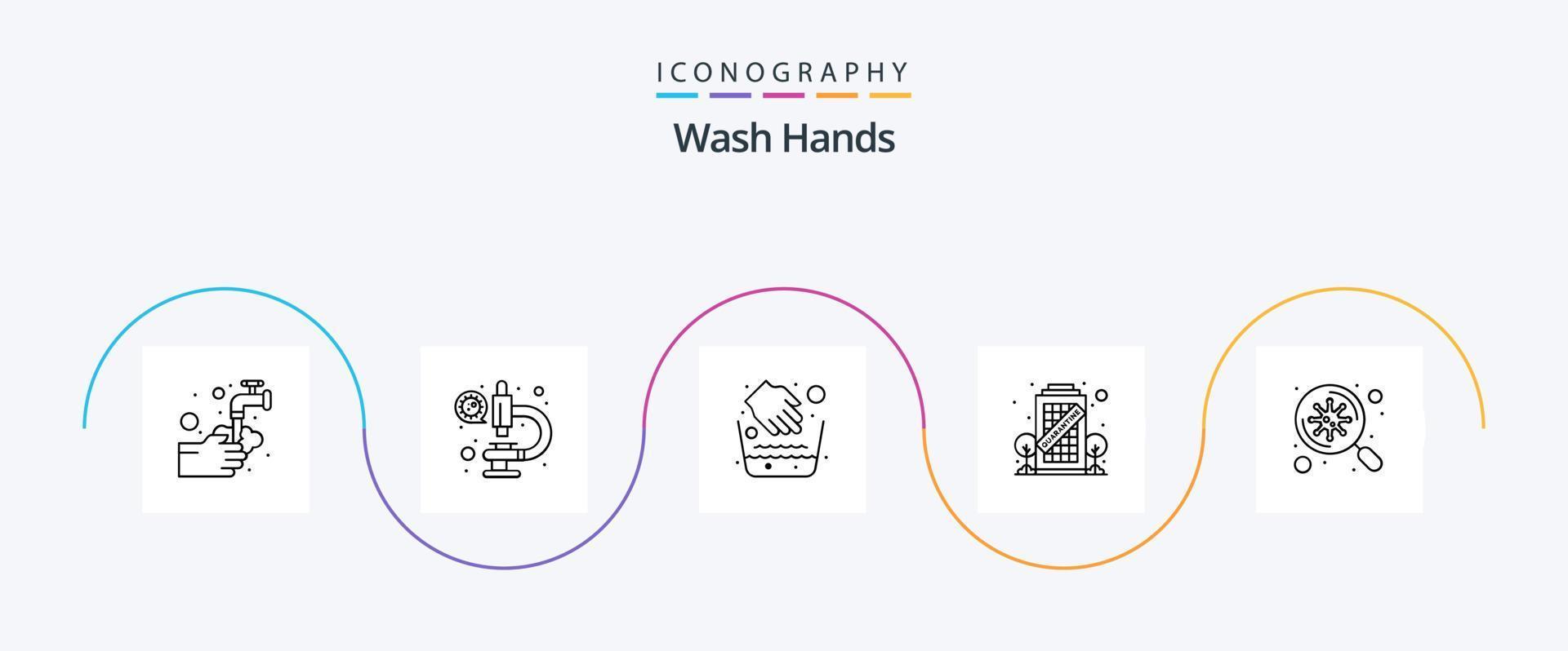 paquete de iconos de la línea 5 de lavado de manos que incluye bacterias. cuarentena. virus. coronavirus. tazón de agua vector