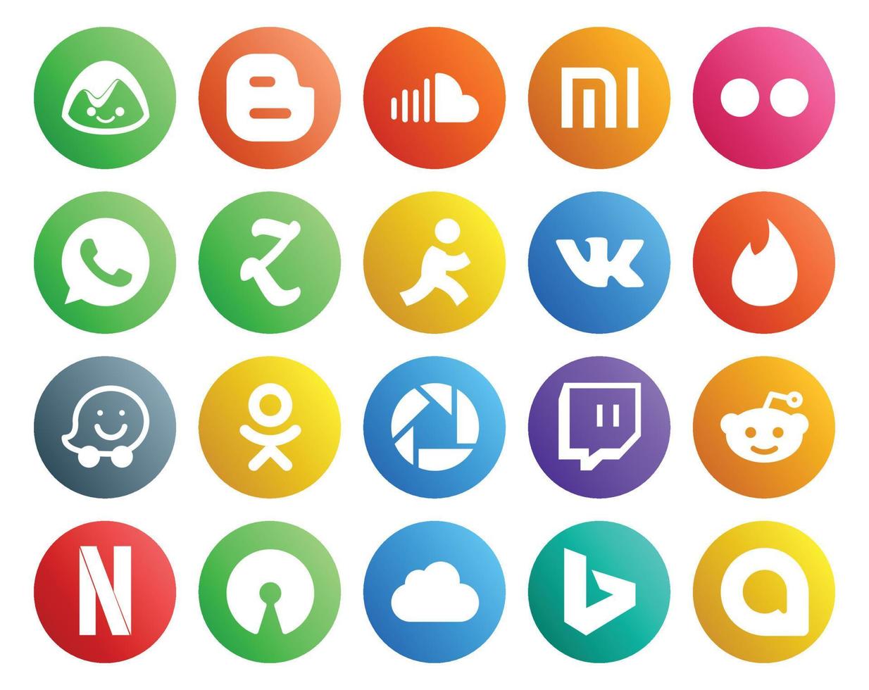 paquete de 20 íconos de redes sociales que incluye netflix twitch zootool picasa waze vector