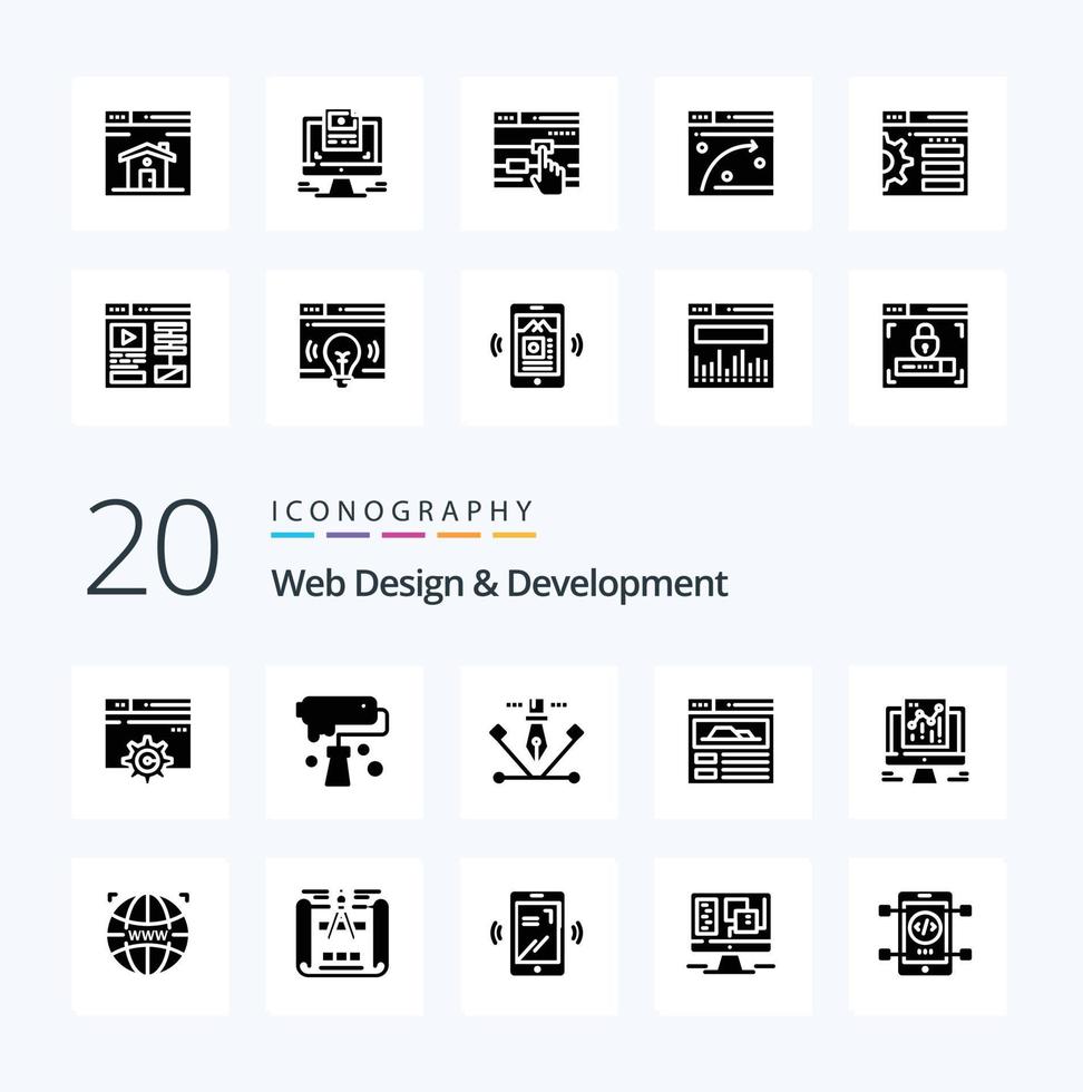 20 Web Design And Development Solid Glyph icon Pack like site  pen tool creative  illustration  artwork vector