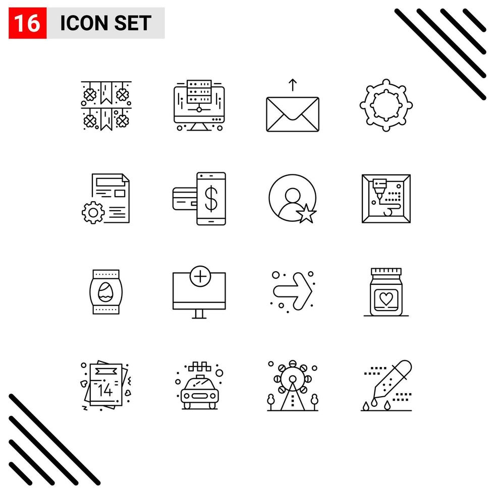 16 User Interface Outline Pack of modern Signs and Symbols of card config message setting document Editable Vector Design Elements