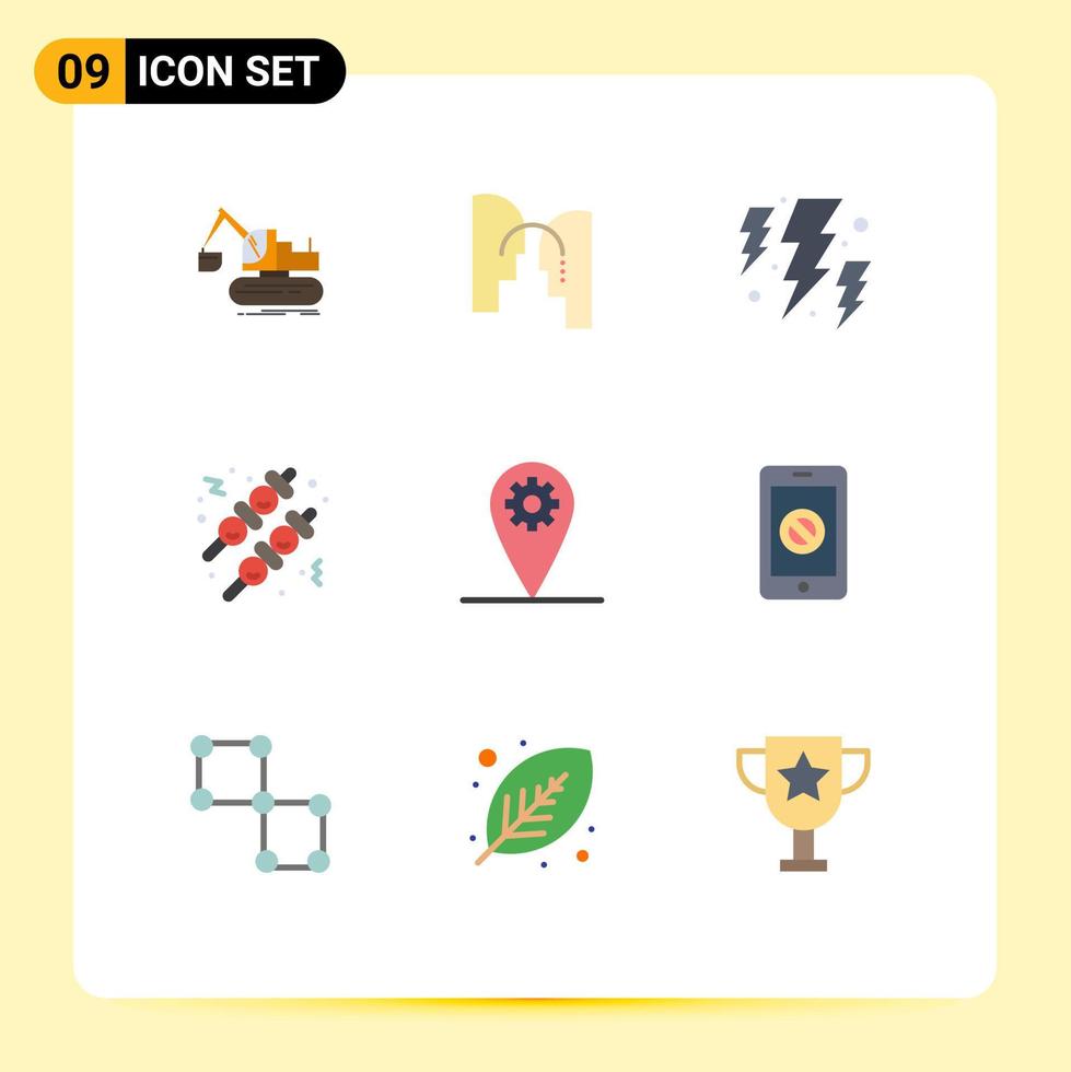 9 Creative Icons Modern Signs and Symbols of location gear bolt meatball fast food Editable Vector Design Elements