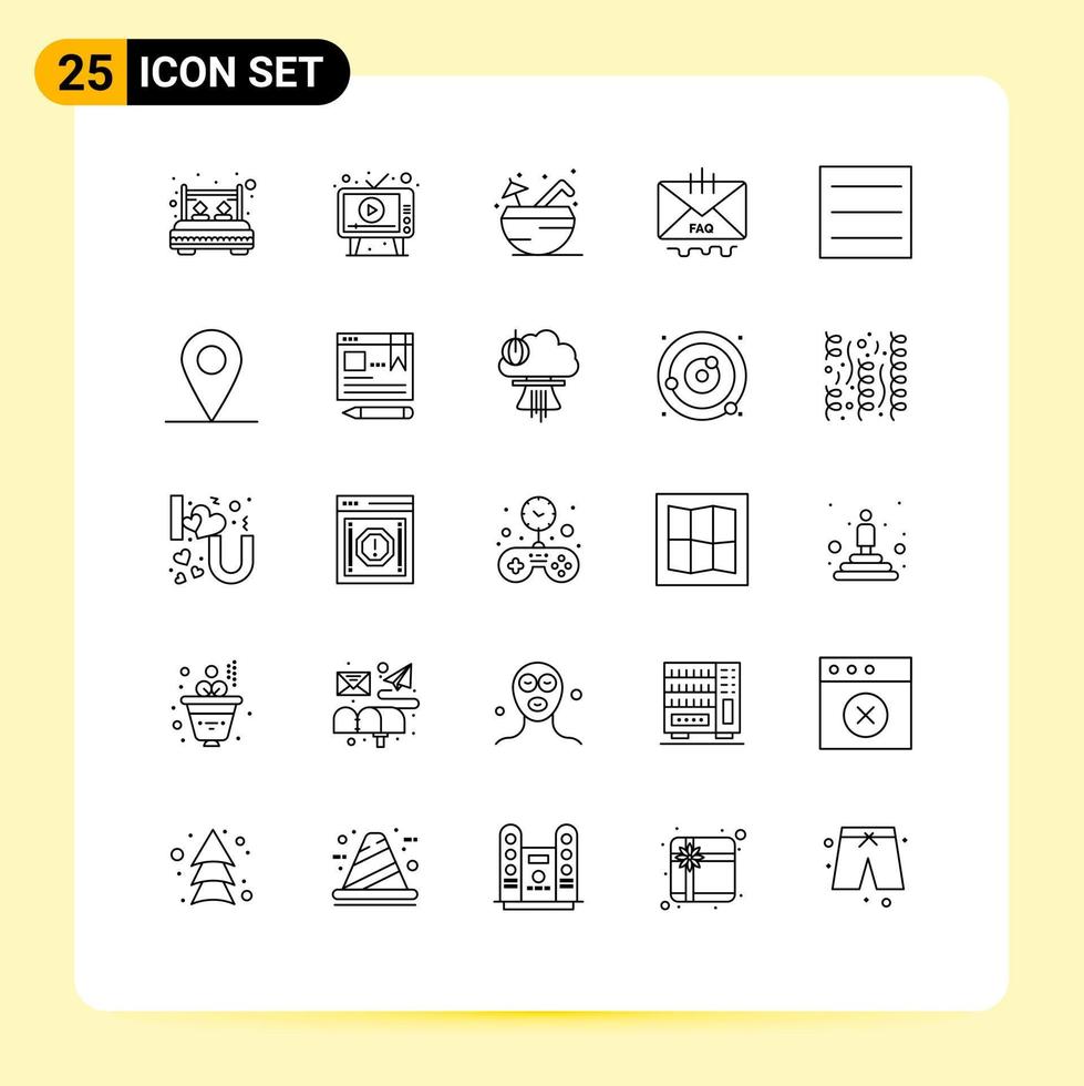 Mobile Interface Line Set of 25 Pictograms of help contact play communication drink Editable Vector Design Elements
