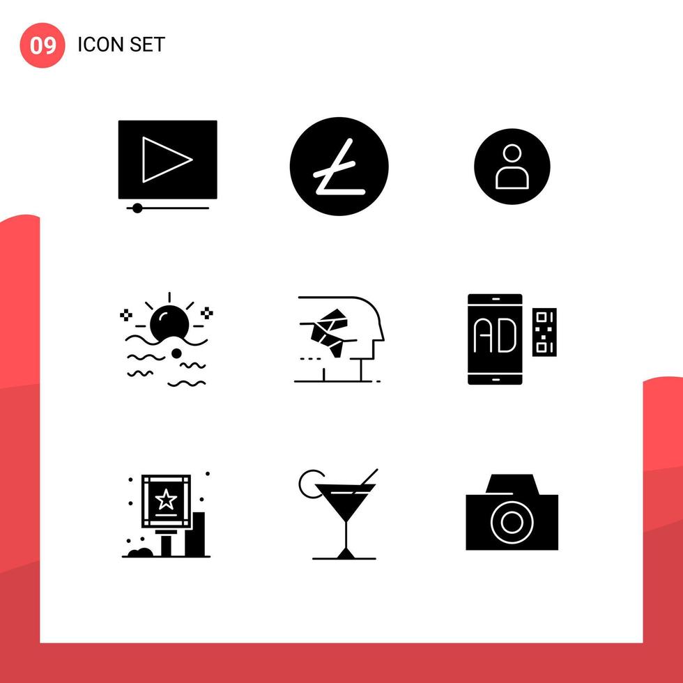 User Interface Pack of 9 Basic Solid Glyphs of brain android basic sunrise summer Editable Vector Design Elements